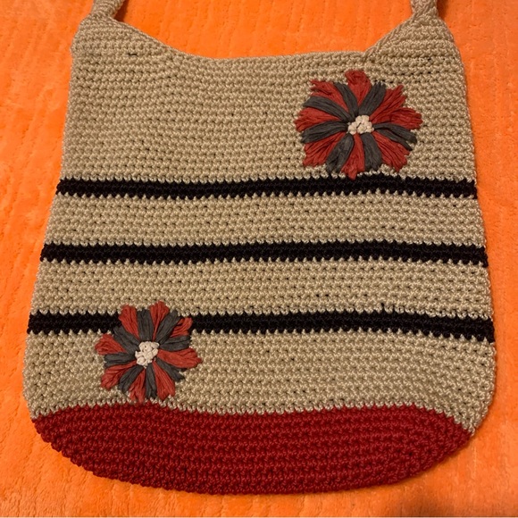 The Sak Ivory Crochet Crossbody Bag Blue Stripes Red Flowers Boho Hippie Purse - Picture 3 of 6